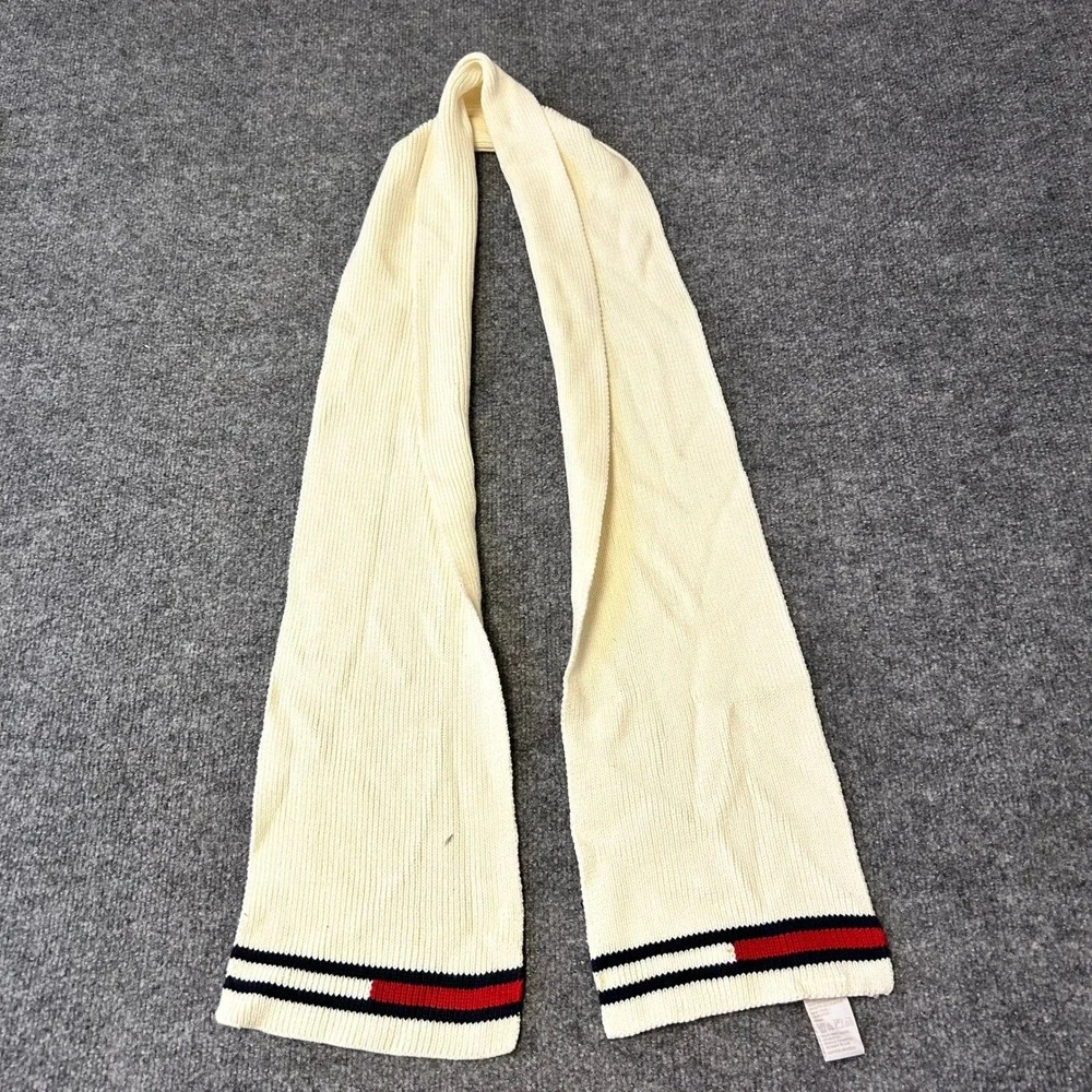 Tommy Hilfiger Scarf Womens OS Cream Cotton Ribbed Knit Striped Preppy Accessory